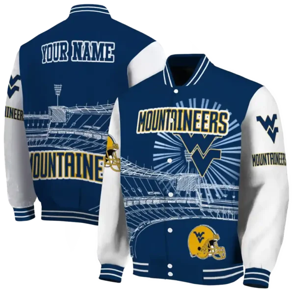 custom west virginia mountaineers ferris arena blue white varsity jacket fashion forward.webp