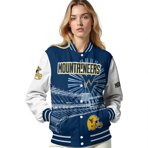 custom west virginia mountaineers ferris arena blue white varsity jacket latest model.webp