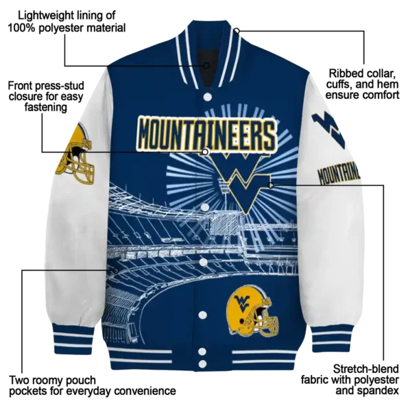 custom west virginia mountaineers ferris arena blue white varsity jacket new arrival.webp