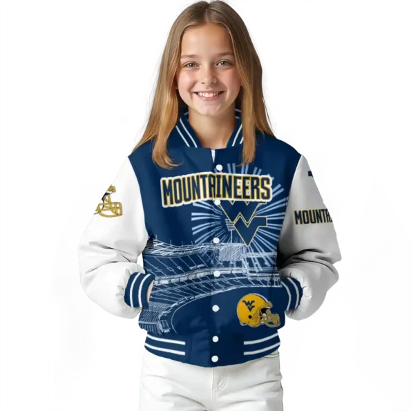 custom west virginia mountaineers ferris arena blue white varsity jacket top rated.webp
