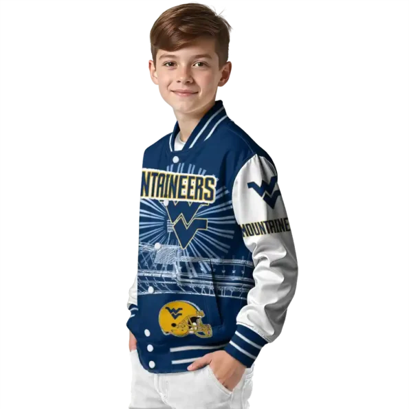 custom west virginia mountaineers ferris arena blue white varsity jacket trendy.webp