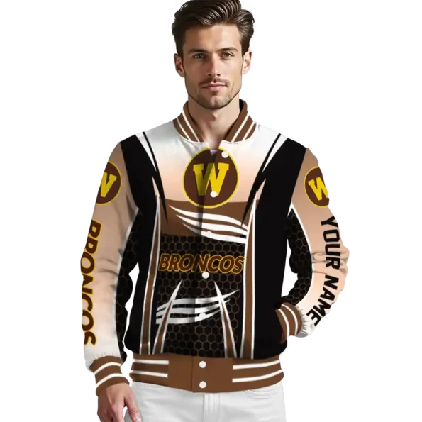 custom western michigan broncos mesh effect brown black varsity jacket high quality.webp