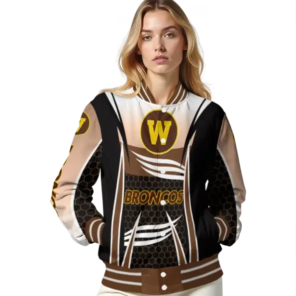 custom western michigan broncos mesh effect brown black varsity jacket latest model.webp