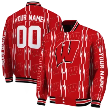 custom wisconsin badgers bolt stripe red varsity jacket fashion forward.webp