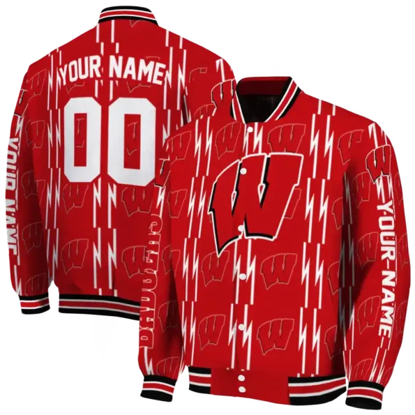 custom wisconsin badgers bolt stripe red varsity jacket fashion forward.webp