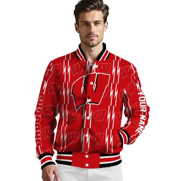 custom wisconsin badgers bolt stripe red varsity jacket high quality.webp