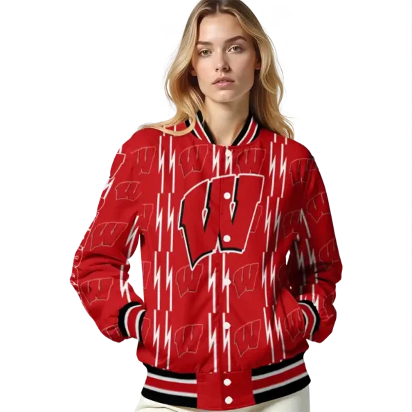 custom wisconsin badgers bolt stripe red varsity jacket latest model.webp