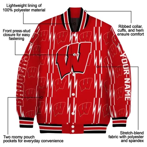 custom wisconsin badgers bolt stripe red varsity jacket new arrival.webp