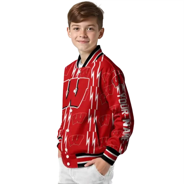 custom wisconsin badgers bolt stripe red varsity jacket trendy.webp