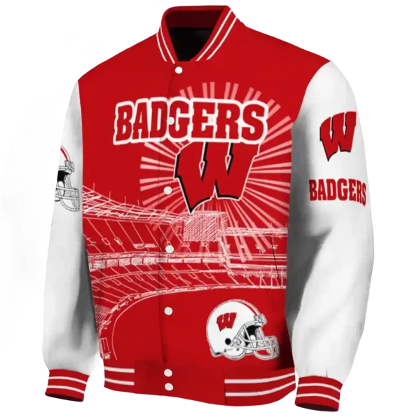 custom wisconsin badgers ferris arena red white varsity jacket best selling.webp