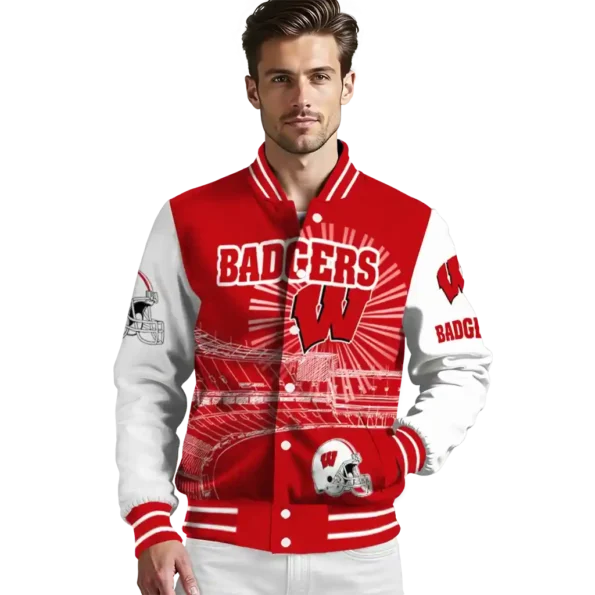 custom wisconsin badgers ferris arena red white varsity jacket high quality.webp