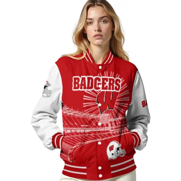 custom wisconsin badgers ferris arena red white varsity jacket latest model.webp