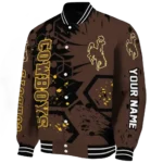 custom wyoming cowboys hexagon cluster brown black varsity jacket best selling.webp