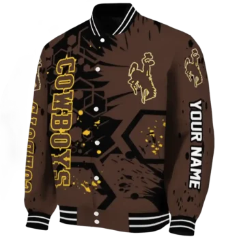 custom wyoming cowboys hexagon cluster brown black varsity jacket best selling.webp