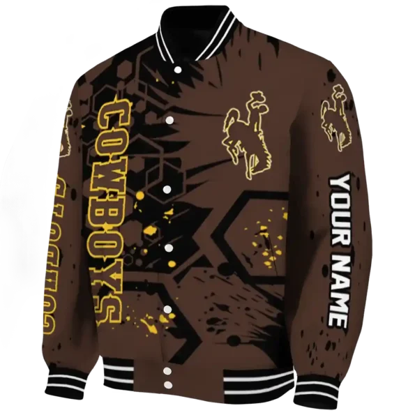 custom wyoming cowboys hexagon cluster brown black varsity jacket best selling.webp