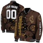 custom wyoming cowboys hexagon cluster brown black varsity jacket best selling.webp