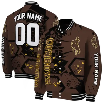 custom wyoming cowboys hexagon cluster brown black varsity jacket fashion forward.webp