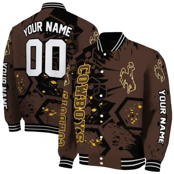 custom wyoming cowboys hexagon cluster brown black varsity jacket fashion forward.webp