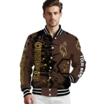 custom wyoming cowboys hexagon cluster brown black varsity jacket best selling.webp
