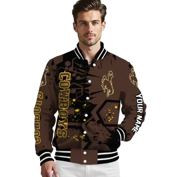 custom wyoming cowboys hexagon cluster brown black varsity jacket high quality.webp