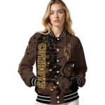 custom wyoming cowboys hexagon cluster brown black varsity jacket best selling.webp