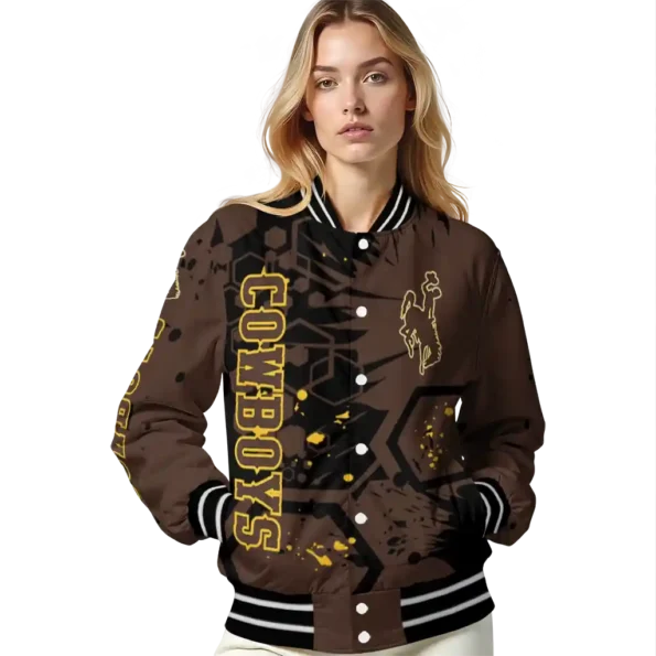 custom wyoming cowboys hexagon cluster brown black varsity jacket latest model.webp
