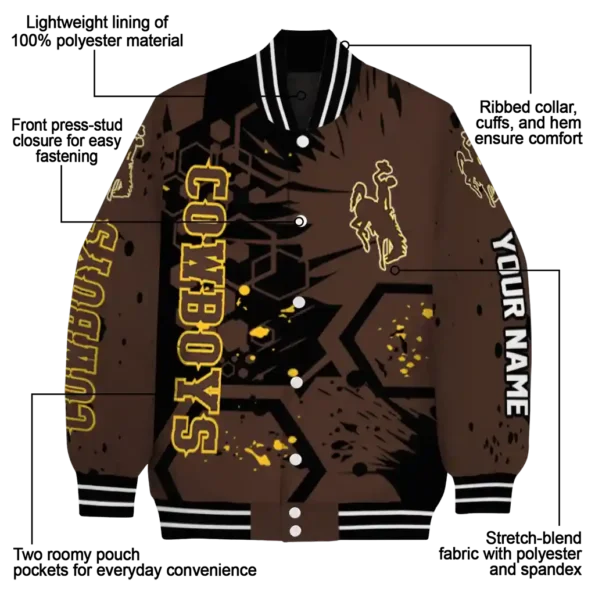 custom wyoming cowboys hexagon cluster brown black varsity jacket new arrival.webp