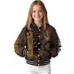 custom wyoming cowboys hexagon cluster brown black varsity jacket best selling.webp