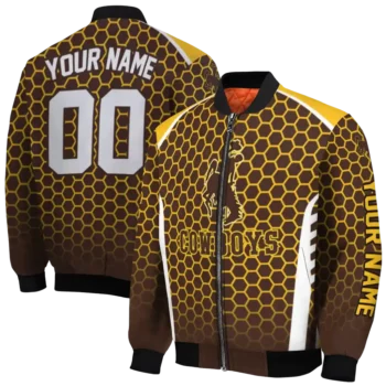 custom wyoming cowboys hexagon grid brown bomber jacket fashion forward