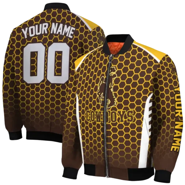 custom wyoming cowboys hexagon grid brown bomber jacket fashion forward