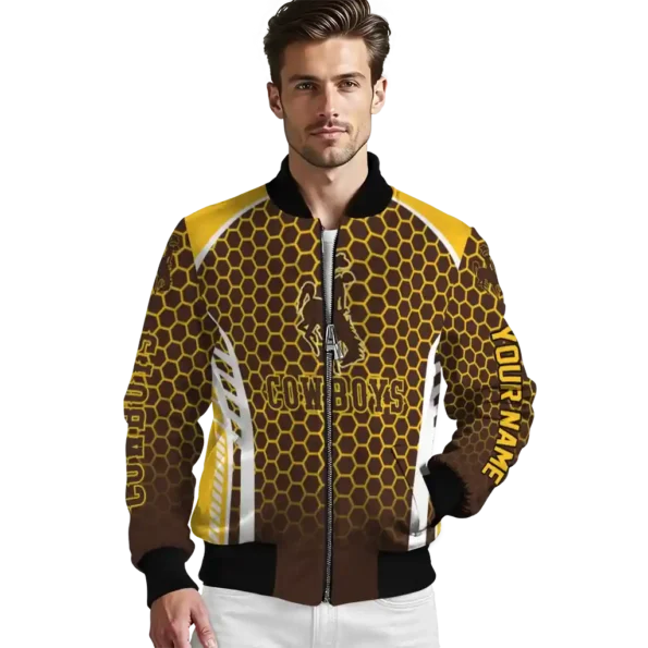 custom wyoming cowboys hexagon grid brown bomber jacket high quality