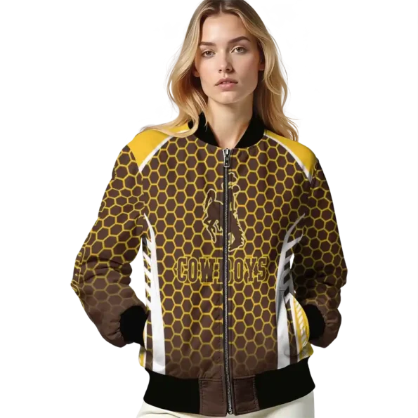 custom wyoming cowboys hexagon grid brown bomber jacket latest model
