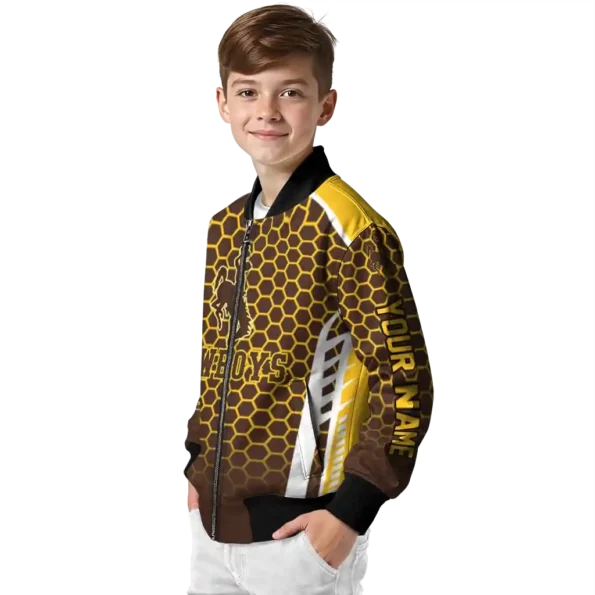 custom wyoming cowboys hexagon grid brown bomber jacket trendy