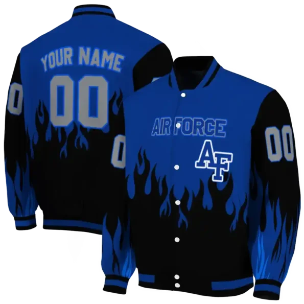 customized air force falcons flame border blue black varsity jacket fashion forward.webp