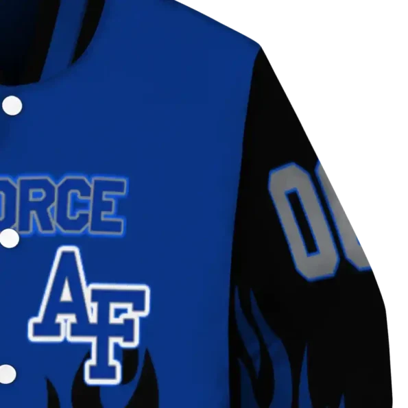 customized air force falcons flame border blue black varsity jacket premium grade.webp