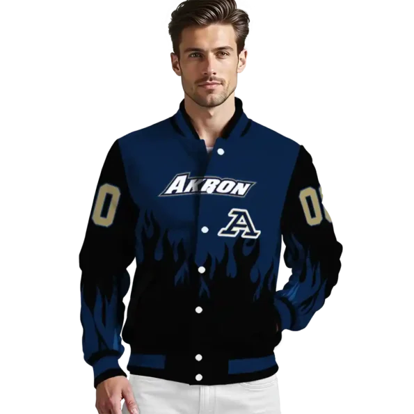 customized akron zips flame border blue black varsity jacket high quality.webp