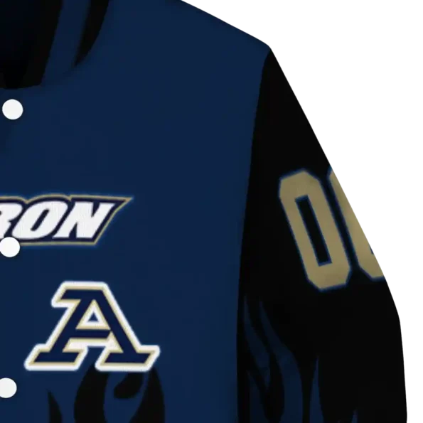 customized akron zips flame border blue black varsity jacket premium grade.webp