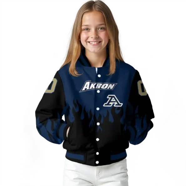 customized akron zips flame border blue black varsity jacket top rated.webp