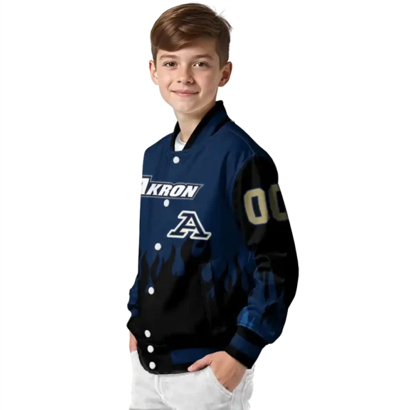 customized akron zips flame border blue black varsity jacket trendy.webp