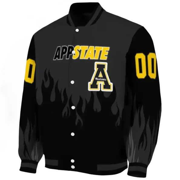 customized appalachian state mountaineers flame border black varsity jacket best selling.webp