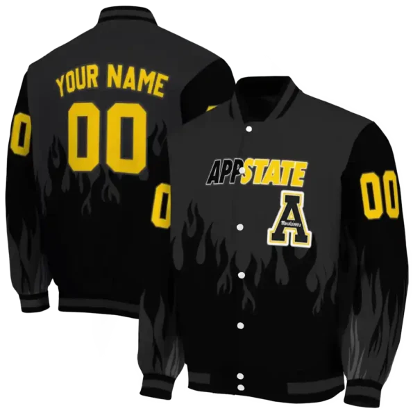 customized appalachian state mountaineers flame border black varsity jacket fashion forward.webp