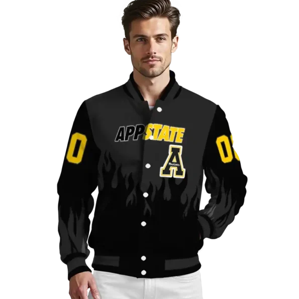 customized appalachian state mountaineers flame border black varsity jacket high quality.webp
