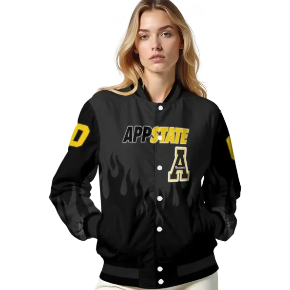 customized appalachian state mountaineers flame border black varsity jacket latest model.webp