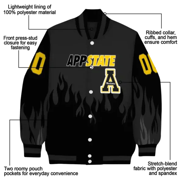 customized appalachian state mountaineers flame border black varsity jacket new arrival.webp