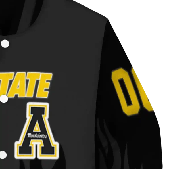 customized appalachian state mountaineers flame border black varsity jacket premium grade.webp
