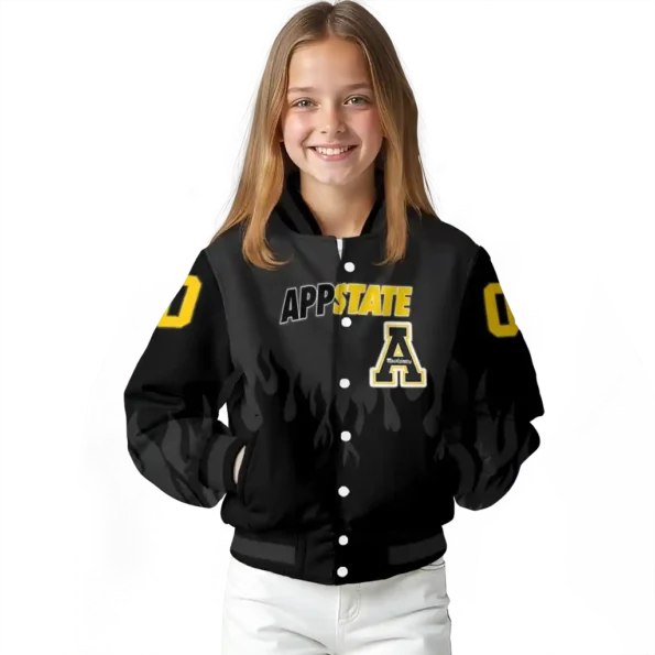 customized appalachian state mountaineers flame border black varsity jacket top rated.webp
