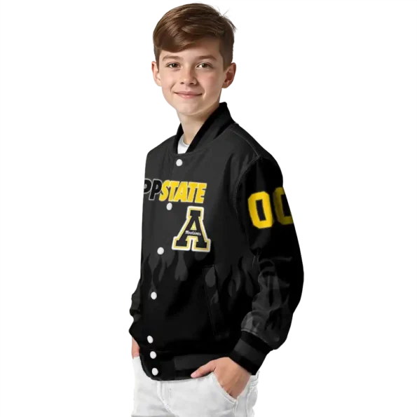 customized appalachian state mountaineers flame border black varsity jacket trendy.webp