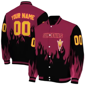 customized arizona state sun devils flame border maroon black varsity jacket fashion forward.webp