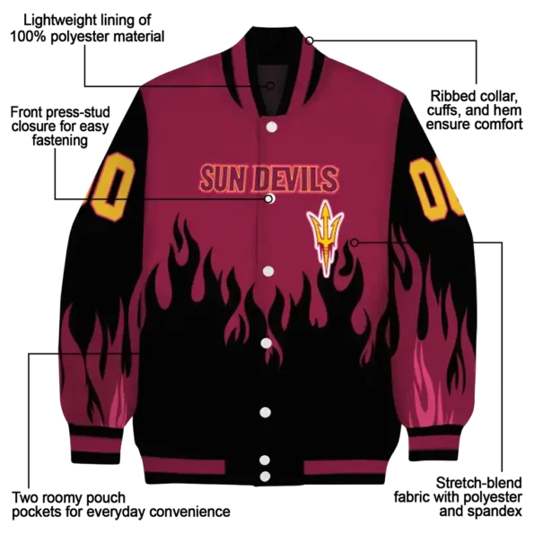 customized arizona state sun devils flame border maroon black varsity jacket new arrival.webp