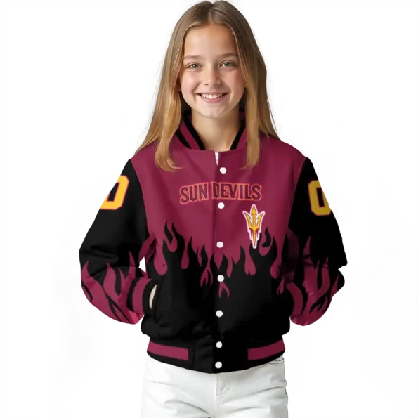 customized arizona state sun devils flame border maroon black varsity jacket top rated.webp